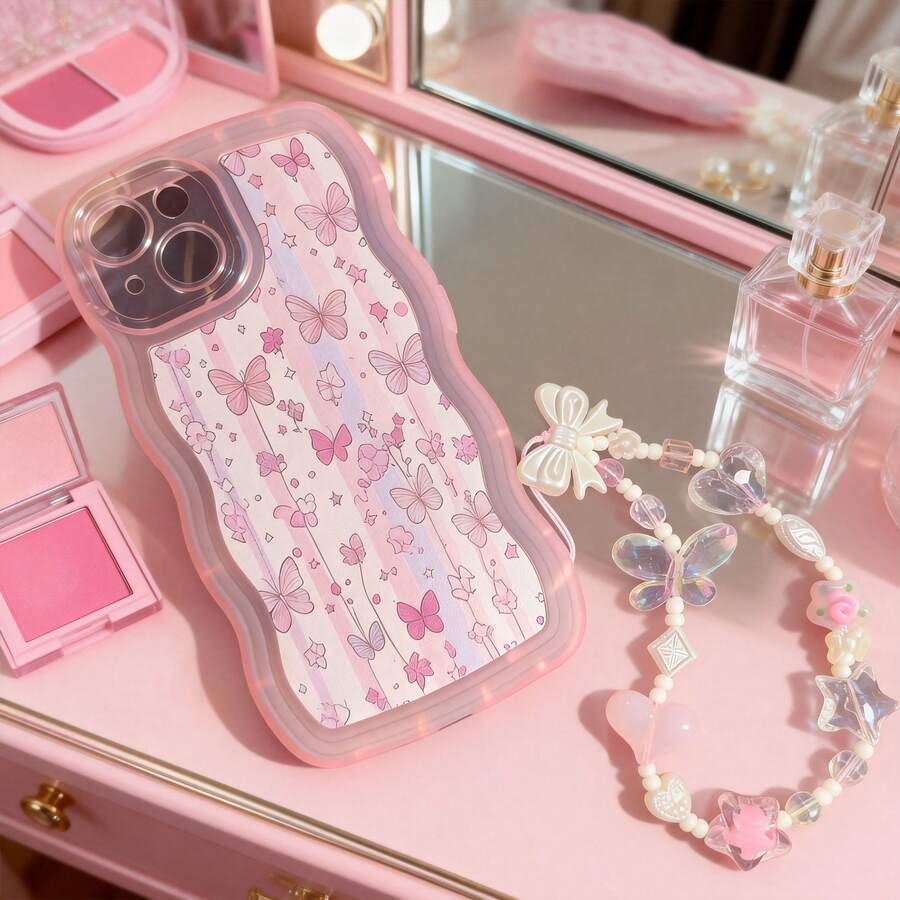 1个时尚波浪不规则保护手机壳，星形爱心蝴蝶手链配件，条纹蝴蝶元素图案，兼容 17 Air/17 Pro/17 Pro Max/17/16 e/16/15/14/13/12/11/X/Xr/8/7/Galaxy A14/A15/A54/S24/S24 Ultra系列 - 粉色 - 查看 1