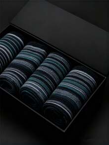 男士袜子 1 双，绅士商务风蓝黑细条纹，加固鞋底中筒袜，春秋季 - 灰色 - 查看 5