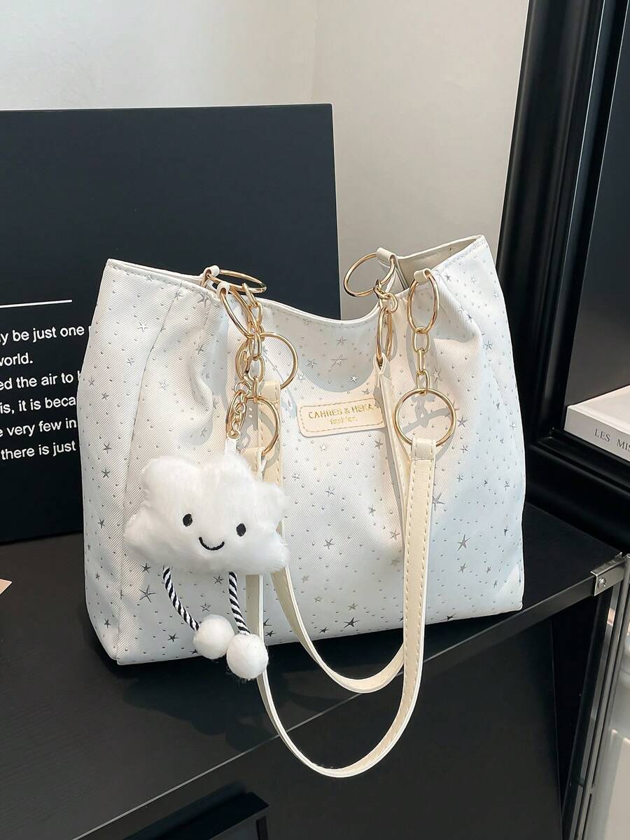 1pc Cloud Decor Star Pattern Polyester Large Capacity Zipper Shoulder Bag, Fashionable For Women Daily Use - White - View 1