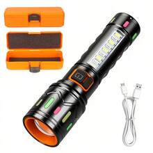 1pc Multi-Function Dual Light Flashlight: LED Spotlight + COB Flood Light/Red-Blue Warning Flash/Car & Outdoor Emergency Light - Multicolor - View 13