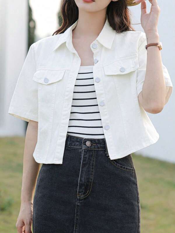 Women's Solid Color Turndown Collar Short Sleeve Cropped Loose Casual Denim Blouse, Spring/Summer