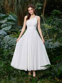 Faeriesty Women's Elegant Sleeveless White Chiffon Maxi Dress, A-Line Pleated Flowy Beach Wedding Guest Evening Gown - White - View 6