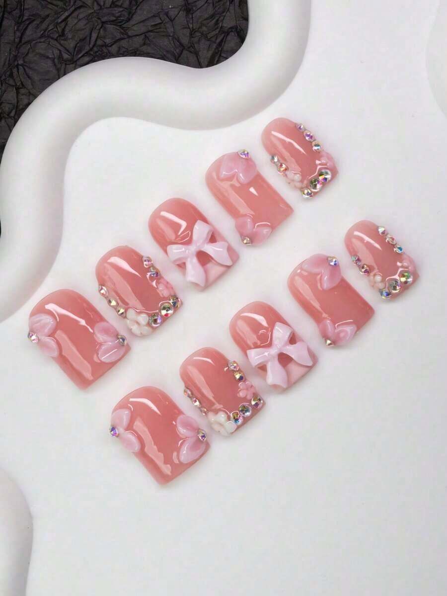 10pcs/Set Square Nail Tips With French Edge, Carved Patterns, Rhinestones, Bow, And Flower Designs, Y2K Baddie Style, Nude And Pink Colors, Suitable For Parties, Dances, And Daily Wear, Includes Tools, Great Gift For Women And Girls (Random Delivery). - 隨機 - 查看 1