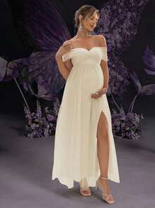 Irresista Off-Shoulder Mesh Sexy Maternity Dress - Apricot - View 1