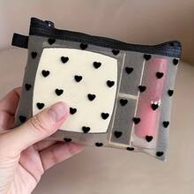 1 Heart-Shaped Transparent Storage Bag| Beige And Black, Foldable, Suitable For Lipstick And Small Items - trắng - Xem 3
