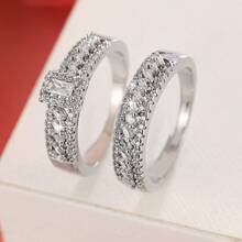 女士两件套铜戒指，优雅复古新娘叠戴戒指，镶嵌闪亮锆石，日常/婚礼首饰，情人节礼物 - 婚禮對戒7 - 查看 12