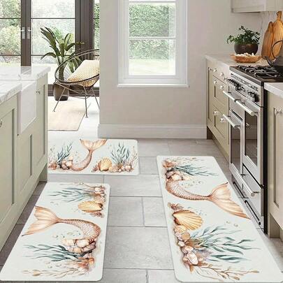 Spring And Summer Fishtail Pattern Kitchen Set 2/3 Pieces, Flannel Suitable Bedroom, Kitchen, Hallway, Bathroom, Laundry Room Door, Home Decoration