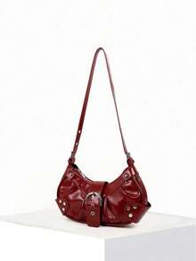 Dedoo Lightweight Portable Vintage Bag For Women: Punk & Gothic Y2K Style Vegan Leather Motorcycle Purse With Rivets, Metal Chains & Adjustable Strap – Accessories For Teens, College Girls, Street Fashion, Concerts, Music Festivals, And Edgy Outfits., 2000s Fashion Style Bag For Women - Burgundy - View 4