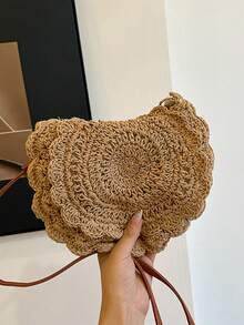 Fashionable Hollow Woven Women's Crossbody Bag, Handmade Crochet Shoulder Bag, Summer Beach Bag With Flap Magnetic Closure, Woven Tote, New Seaside Resort Style Round Envelope Bag For Ladies - Khaki - View 4