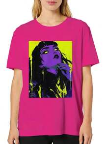 1pc Cybergoth Punk Goth Anime Womanga Grunge T-Shirt Women's Plus Size Cotton T-Shirt, Soft And Breathable Short Sleeve, Perfect For Daily Wear, Outdoor Activities, Travel, And Casual Style, Comfortable All-Day Fit! - 粉色 - 查看 1