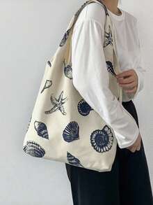 1pc Large-Capacity And Cute Canvas Bag, Simple Shoulder And Hand-Held Printed Canvas Bag, Featuring Seashell And Starfish Patterns. It Can Be Used As A Cosmetic Bag, A Multi-Functional Storage Bag, A Cute Large-Capacity Student School Bag - Multicolor - View 2
