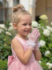 1 Pair Girls' Bubble Bow Lace Gloves, Pink, For Ages 4-12 Years - 1Pair - View 7