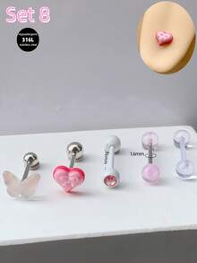 5pcs/Set Cute Sweet Pink Tongue Rings Flower Butterfly Bear Tongue Nail 14G Stainless Steel Star Heart Tongue Stud Tongue Jewelry Strawberry Tongue Barbell Ring Skull Tongue Piercing Jewelry For Women Girls Valentine's Day Gift Party Vacation Daily Wear Piercing Body Jewelry - Pink - View 9