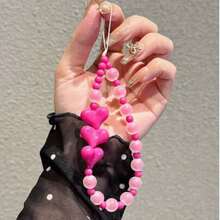 Ins-Style Dusty Pink Heart Textured Bead Phone Lanyard Chain, Sweet Niche Short Wrist Strap, Anti-Lost Beaded Chain, Suitable For Girl, Phone Case, Key Chain, Camera, Popular With Influencers - Multicolor - View 2