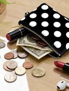 1pc Mini Polka Dot Card Holder Wallet, Minimalist Black & White Asymmetrical Dot Bohemian Style Versatile Card Case, Women's Small Coin Purse, PU Leather Zipper Closure, Fits Cards, Cash, Coins, Ideal For Daily Use, Christmas Gift - Black and White - View 8