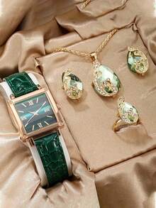 1件女士优雅时尚真皮表带腕表，方形罗马数字表盘，石英表套装 - 玫瑰金 - 查看 2