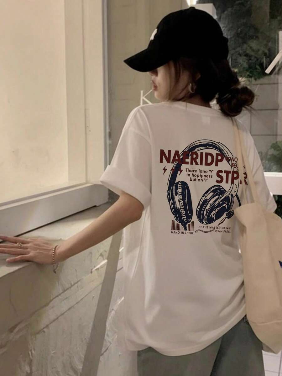 Japanese Style Women's Loose Round Neck Simple Versatile Letter Line Cartoon Print Short Sleeve T-Shirt, Spring/Summer - White - View 1