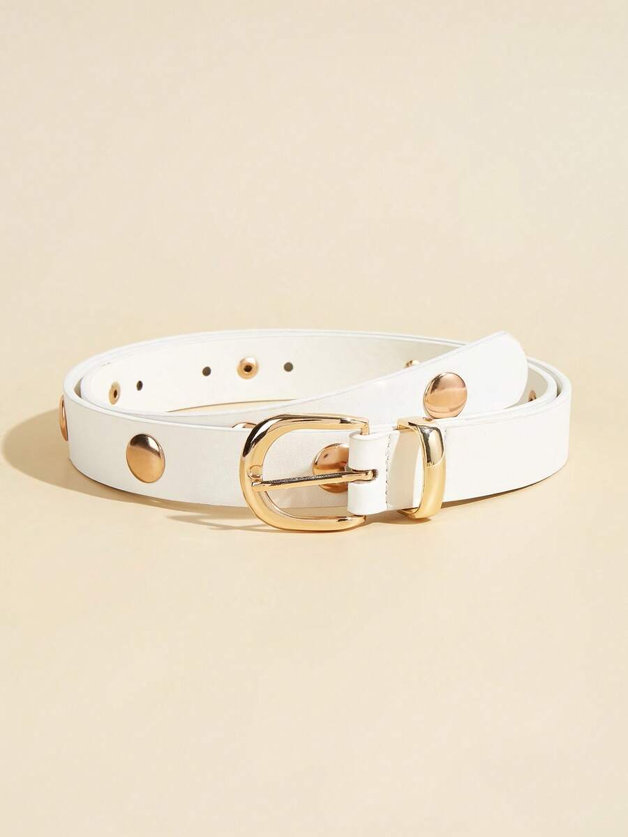1pc Women's Casual Retro Belt, BOHO Belts, Cinturones De Mujer, Western Belts, Belts For Women, Y2K Streetwear Punk Minimalist Gold Buckle Rivet White Belt, Suitable For Party, Music Festival, Daily Commute, Holiday Gift - White - View 1