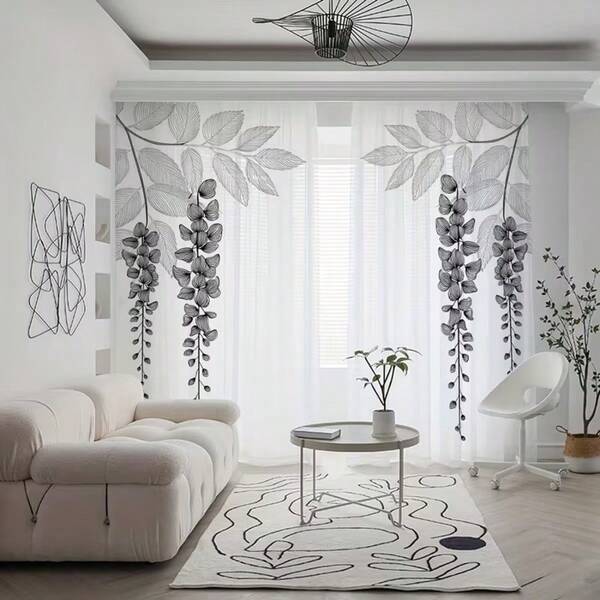 2 eleganckie, czarno-białe, kwiatowe firanki z kieszonkami na karnisz, zapewniające prywatność, świeży i naturalny styl, odpowiednie na każdą porę roku, do kuchni, kawiarni, salonów, jadalni i sypialni
