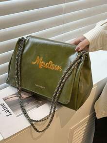 1pc Customizable Embroidered Shoulder Bag, Large Capacity Portable Handbag, New Solid Color Minimalist Commuter Tote Bag, Fashion Messenger Bag, Suitable For Work, Shopping, Business Travel, Vacation, Also Can Be A Gift For Mother, Sister, Friend, Girlfriend - Multicolor - View 2