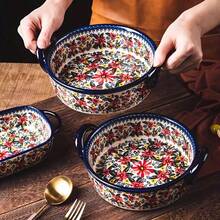 1pc Hand-Painted Ceramic Bowl, Colorful Baking Bowl With Handle, Salad, Baking, Casserole, Round Baking Dish, Baking Set, Cooking Pot, Cake, Dinner, Kitchen, Handmade Exotic Daisy, Oven- Bowl - Multicolor - View 6