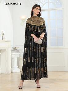 奢华女士皇家黑金V领亮片刺绣阿拉伯长袍斗篷袖连衣裙，适合派对、婚礼、家庭聚会等场合。 - 黑色 - 查看 6