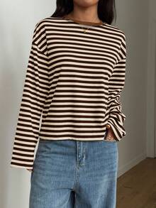 Women's Casual Top, Striped Contrast Ribbed Knit, Everyday Wear, Spring/Autumn - Khaki Brown - View 10