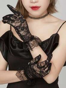 A Pair Of Sweet Lace Sun-Protection Gloves, Lightweight And Breathable, Highly Elastic, Can Cover Scars And Tattoos, Protect Your Arms While Driving, Suitable As Halloween Accessories, Winter Gloves, For Weddings, And Valentine's Day. - 彩色 - 查看 1
