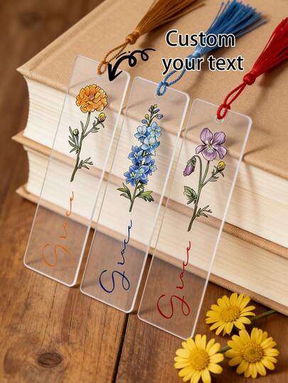 1 pieza Marcapáginas personalizado con flor de nacimiento y nombre, marcapáginas de acrílico personalizado con texto de nombre, marcapáginas transparente personalizado con borla como regalo para hombres, mujeres, cumpleaños, Navidad, Día de San Valentín