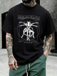 Schwarzes T-Shirt mit Alien-Motiv, 100 % Baumwolle, Street Hip-Hop, bequem, strapazierf?hig, einzigartiger Grafikdruck - Schwarz - Übersicht 1