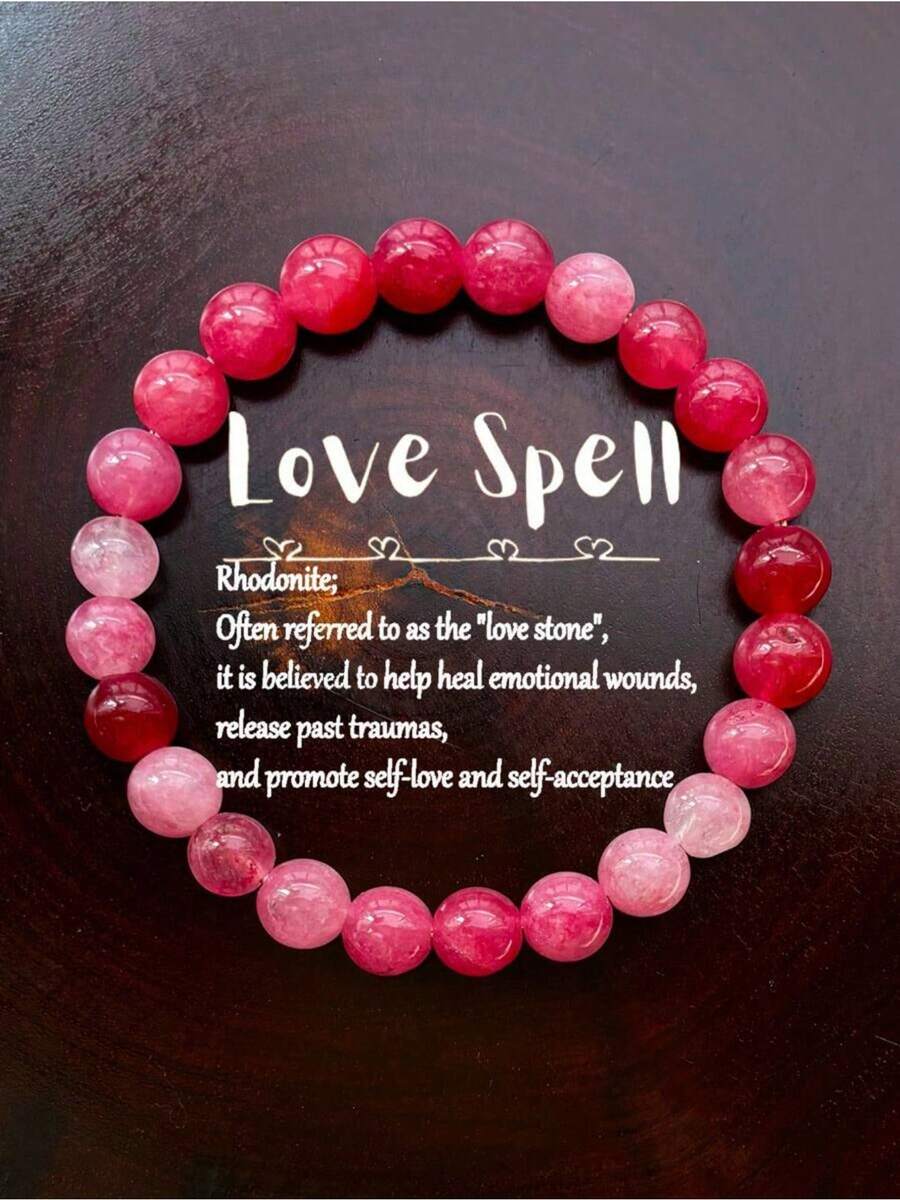 1pc Handmade Beaded "Love Stone" Bracelet Made Of Red Rose Quartz Promotes Self-Love And Self-Acceptance Fashion Jewelry Christmas Gift For Women - 粉紅色的 - 查看 1