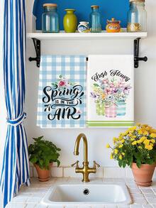 2Pcs Blue White Dish Towels Gingham Spring Bouquet Script Print Tea Towels Farmhouse Easter Breakfast Decor Kitchen Towels - Blue - View 3