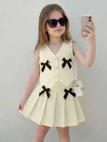 Girls' Beige V-Neck Bow Dress Set, Autumn School Style Skirt Set, Sweet Korean Style Children Dress - Beige - View 1