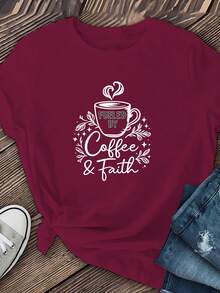 Camiseta casual de cuello redondo con estampado retro de café - Top cómodo de manga corta para mujeres - Ideal para atuendos casuales, fiestas, vacaciones y todas las temporadas - Lavable en máquina - carmesí - Ver 2