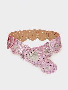 1pc Valentine's Day Western Cowgirl Boho Style Belt For Women, BOHO Belts, Western Belts, Belts For Women, Y2K Belt, Y2K Accessories, Western Waist Belts, Women's Fashion Accessories, Silver Heart Eyelet Patchwork Pink Belt, Dress Accessory, Suitable For Parties, Beach Vacations, Music Festivals - Pink - View 1