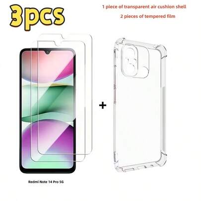 Full Cover 1 Transparent Air Cushion Phone Case With 2 Tempered White Films, Solid Color, Simple Design, Suitable For Other Phone Models, Such As ICompatible With RedmiNote14 Pro 5G/Compatible With RedmiNote14 Pro/Compatible With RedmiNote 13R/Compatible With RedmiNote 13 Pro 5G/Compatible With Xiaomi Compatible With Redmi Note 12 Pro 4G/Compatible With Xiaomi Compatible With Redmi Turbo 4/ Waterproof
