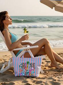 Pvc Striped Tote With "Cruise-Life" And Marine Life,Large Capacity Lightweight Handbag With Vertical & Horizontal Stripes | Multifunctional Commuter Travel,Fashiona Casual Pvc Striped Tote Bag, Heavy-Duty Durable Handbag, Fixed Shoulder ,Women's Large Capacity Shopping Bag Tote Bag, Suitable For Commuting And Travel Storage Bag, Suitable For Shopping, Stylish Casual Handheld Shoulder Purse - Multicolor - View 4
