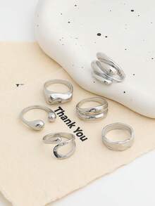 6 piezas Anillos de moda grandes y lisos con diseño geométrico, anillos clásicos de estilo moneda vintage de plata para mujeres - Plateado - Ver 3