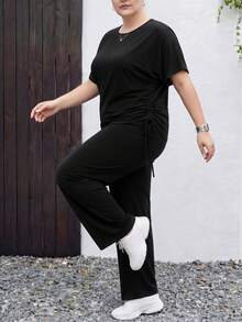 2pcs Plus Size Casual Black Set, Suitable For Summer. Drawstring Short Sleeve T-Shirt And High Waist Wide Leg Pants, Outdoor Sports Slim Fit Comfortable Set - Black - View 3