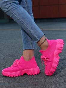 Platform Sneakers For Women Extra Wide Fit, Neon Pink Chunky Sole, Breathable Knit With Free Anklet - Màu Hồng Tươi - Xem 4