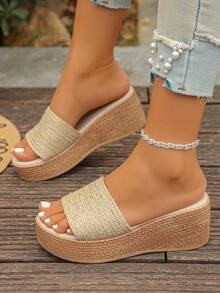 1 đôi sandal cao gót mùa hè dành cho tuổi teen, dây thừng gai dệt màu trơn thời trang, thiết kế tối giản, dép đế xuồng dày dặn, nhẹ và thoải mái, thích hợp cho sử dụng hàng ngày, kỳ nghỉ, dạo chơi, du lịch, đi biển. - Màu be - Xem 4