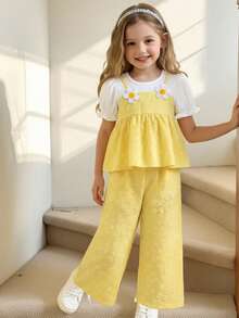 مجموعة بناتية مكونة من 2 قطعة، ملابس علوية بأكمام منتفخة مزخرفة بالزهور + بنطلون ذو ساق واسعة من نسيج جاكار، مناسبة للخروج والحفلات الصيفية - أصفر - مشاهدة 2