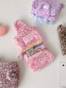 1pc Leopard Print Plush Snap Coin Purse, Cute Keychain Wallet, Student Card Holder - Multicolor - View 4