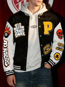 Men's Printed Pattern Casual Baseball Jacket, Varsity Jacket, Boyfriend Gift, Unisex, Spring/Autumn - Black - View 1