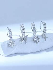 4 件/套银色水钻蝴蝶和花朵鼻环，适合女性在圣诞节、情人节、万圣节和日常场合佩戴 - 銀色 - 查看 5