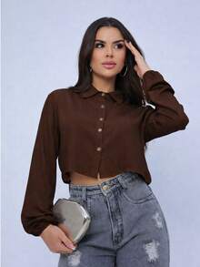 Cropped Long-Sleeved Shirt - 鏽棕色 - 查看 1