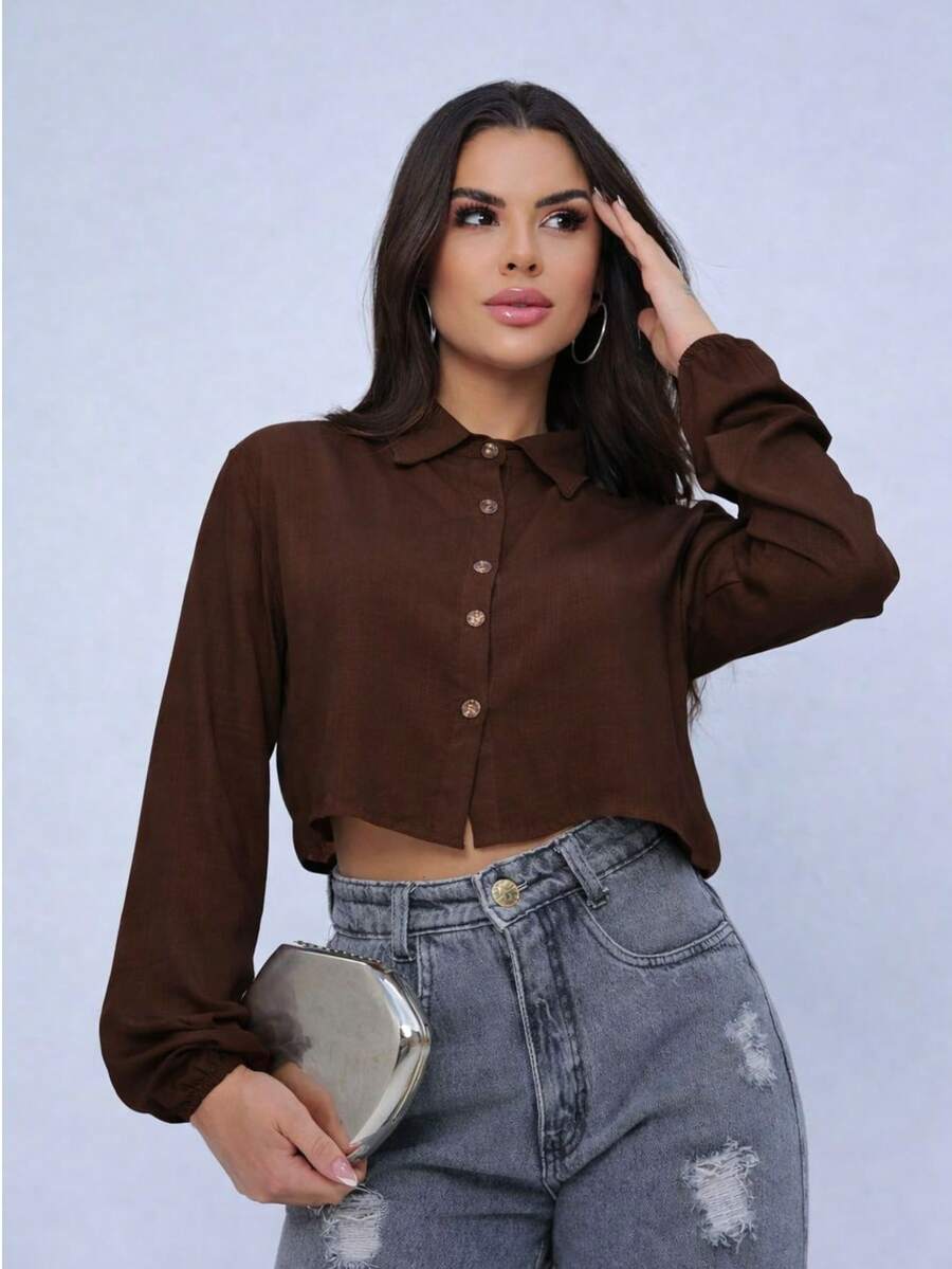 Cropped Long-Sleeved Shirt - 鏽棕色 - 查看 1