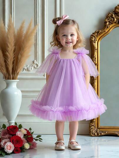 Baby Girls Solid Color Sleeveless Bow Mesh Cute Princess Dress, Suitable For Birthday Party, Wedding, Dance, Vacation, Does Not Include Headband