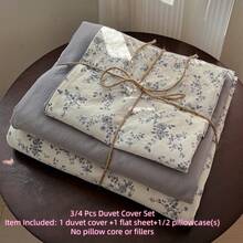 3/4件套田园风被套组，柔软轻盈水洗超细纤维床品，白色底灰色水彩花卉印花，花卉美学床品套装，拉链封口，防污易清洗（1个被套+1个床单+1/2个枕套，不含被芯） - 灰花卉 - 查看 4