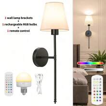 1/2pcs Retro Industrial Style Wall Lamp, Bathroom Cabinet Wall Light, 15 Color Modes, White Fabric Lampshade. Retro Industrial Wall Lamp Suitable For Bedroom, Living Room, Kitchen And Bathroom Cabinet. Includes 1800mAh Rechargeable Bulb. - 多色 - 查看 17